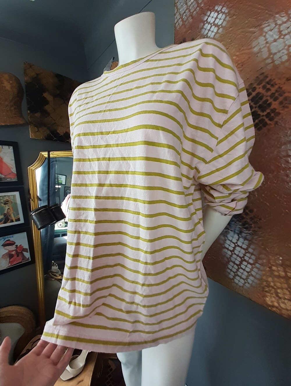 Zara Nwt Striped Relaxed Fit Women’s Top - Light Pink W Green Stripes